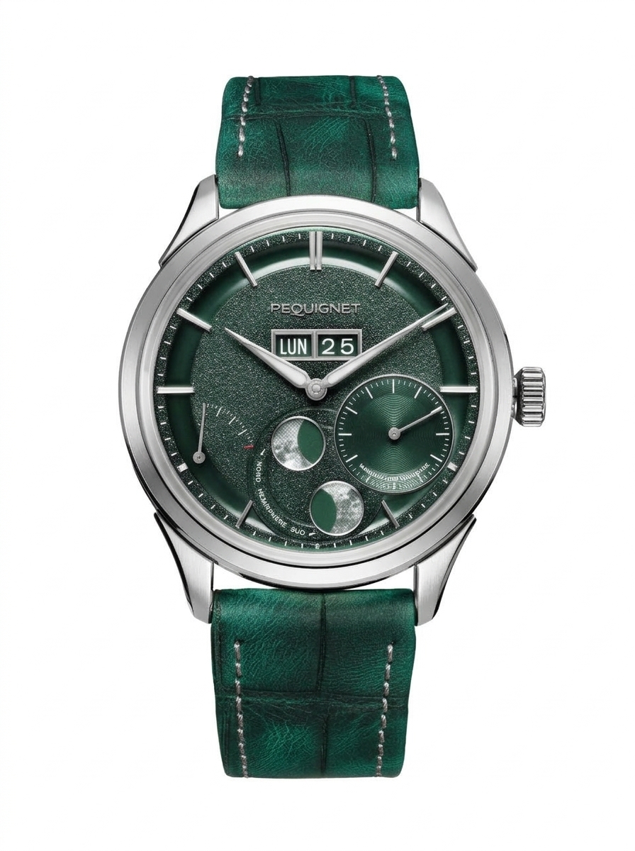 Pequignet Royale Paris Green Moon Phase Dial Stainless Steel Case Green Leather Strap 39.5 mm Automatic Watch - 9100693
