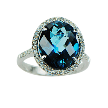 14KW LONDON TOPAZ DIAMOND HALO RING BT=8.28CT D=.27CT