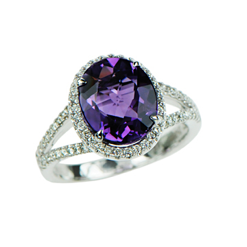 14KW GOLD AMETHYST & DIAMOND HALO RING AM=3.16CT 70D=.37CT