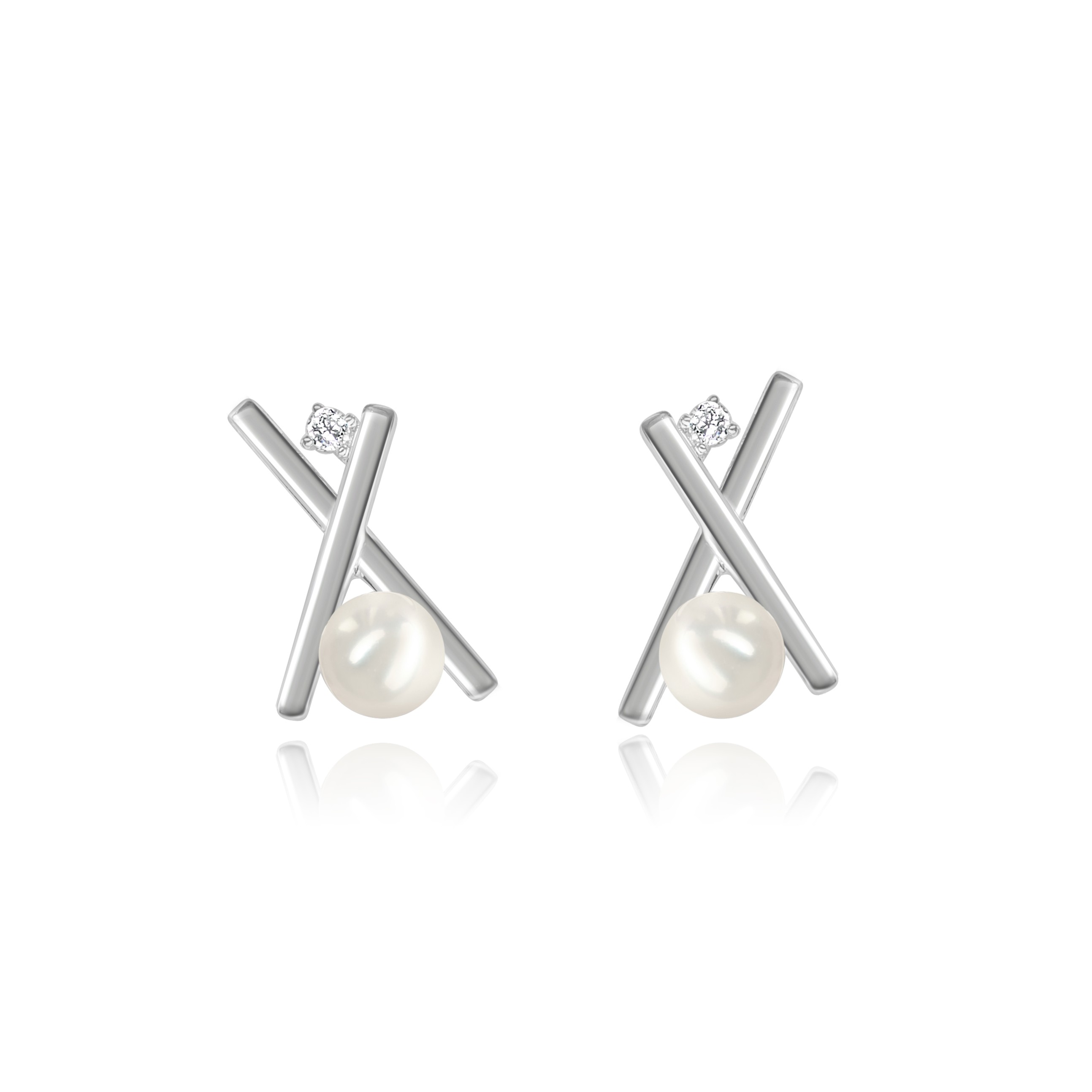 SILVER 5MM FRESH WATER PEARL "X" DESIGN PEARL STUD EARRING 2D=.04CT