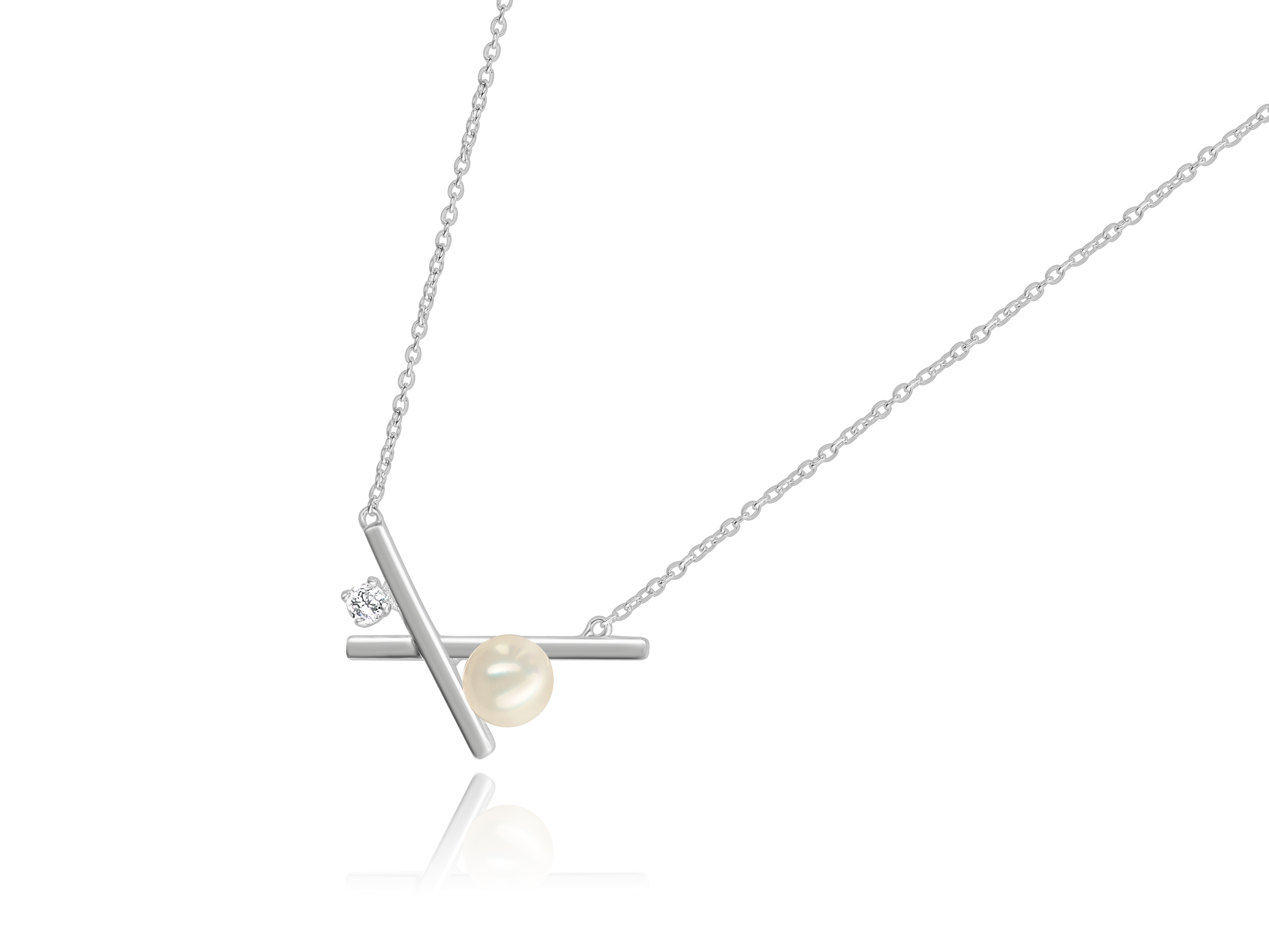 SILVER 6MM FRESH WATER PEARL PENDANT "X" DESIGN D=.07CT 18"