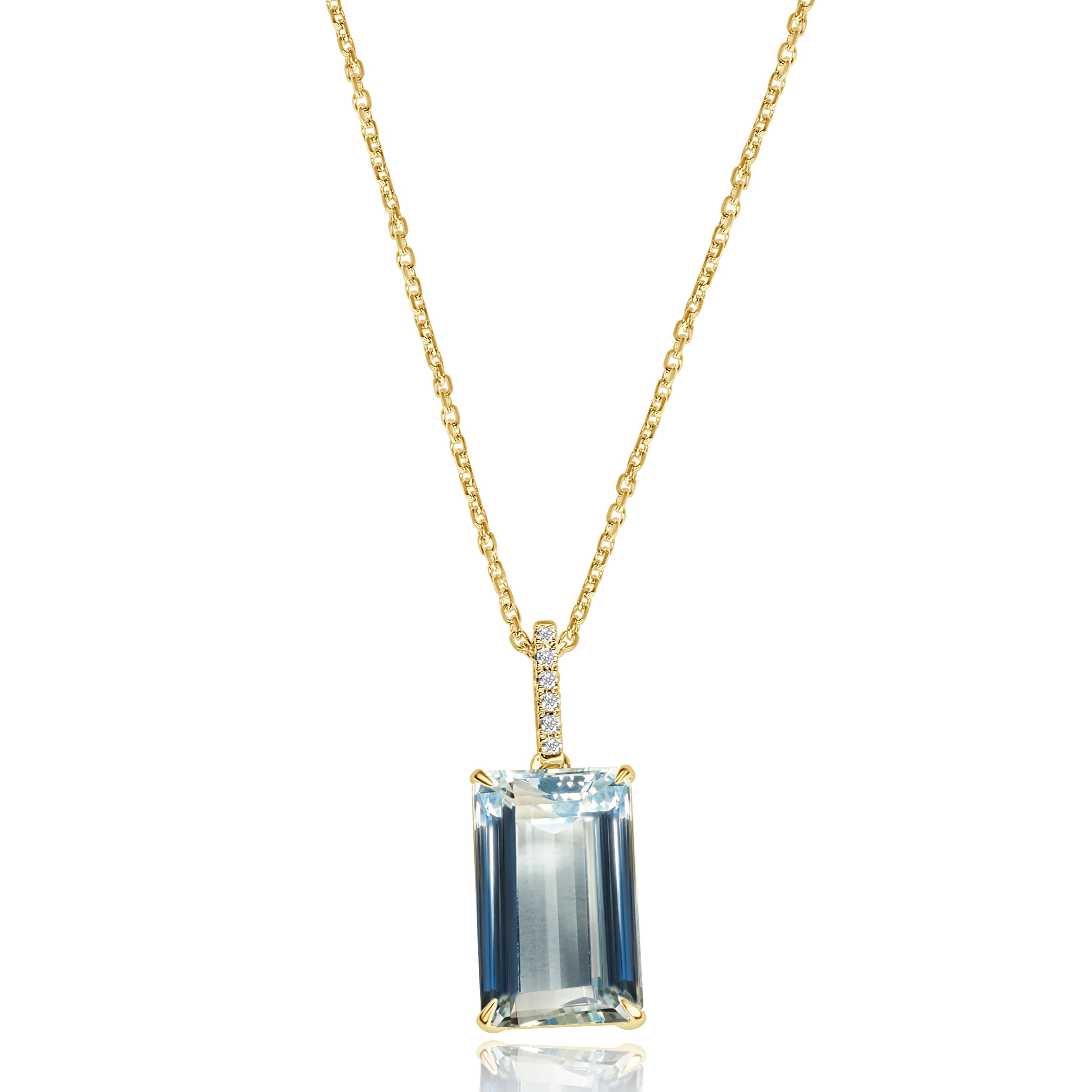 14KY GOLD 9.65CT EMERALD CUT AQUAMARINE PENDANT 6D=.06CT 16"