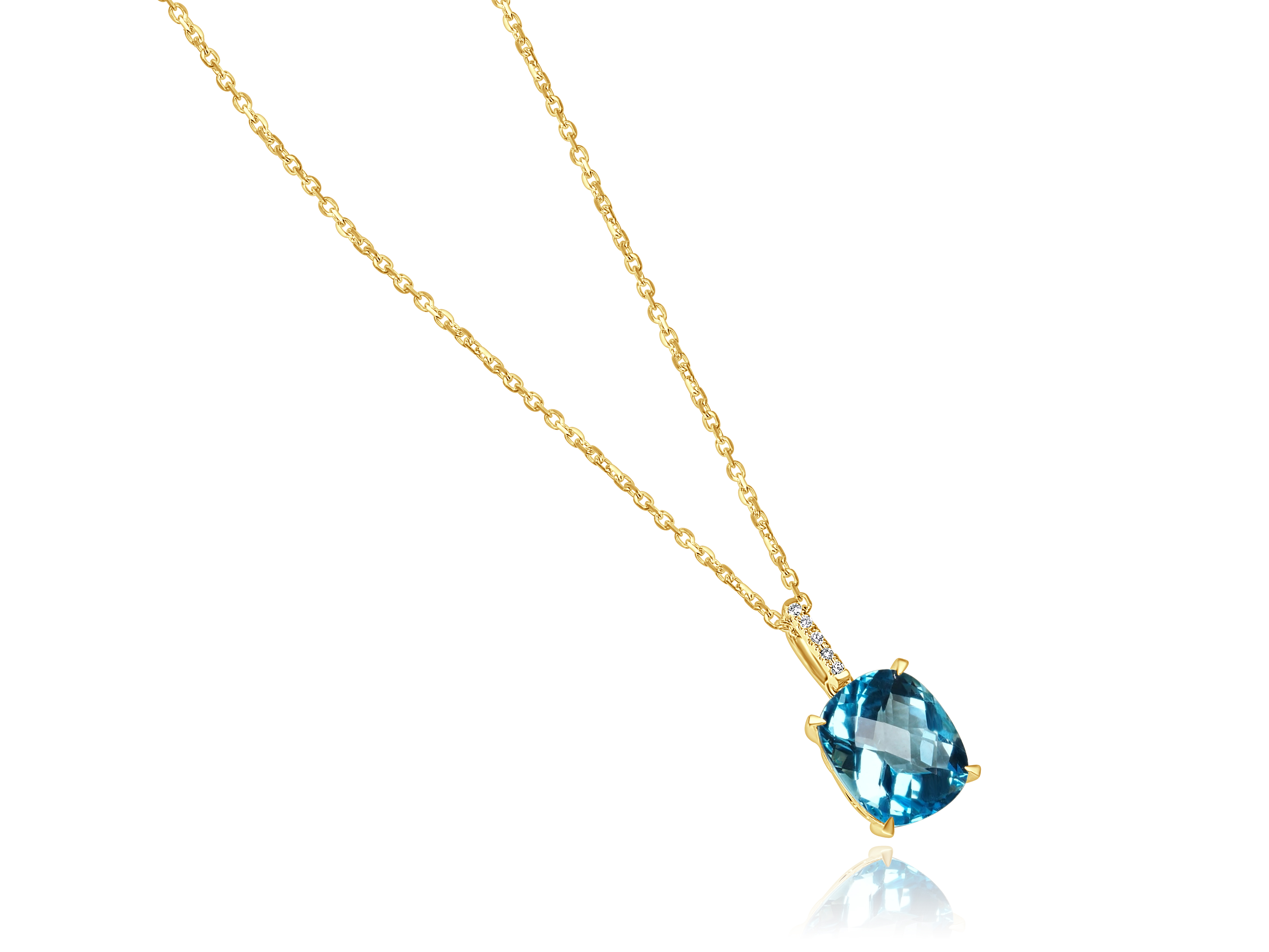 14KY GOLD 5.97CT CUSHION SWISS BLUE TOPAZ PENDANT 5D=.04CT 16"