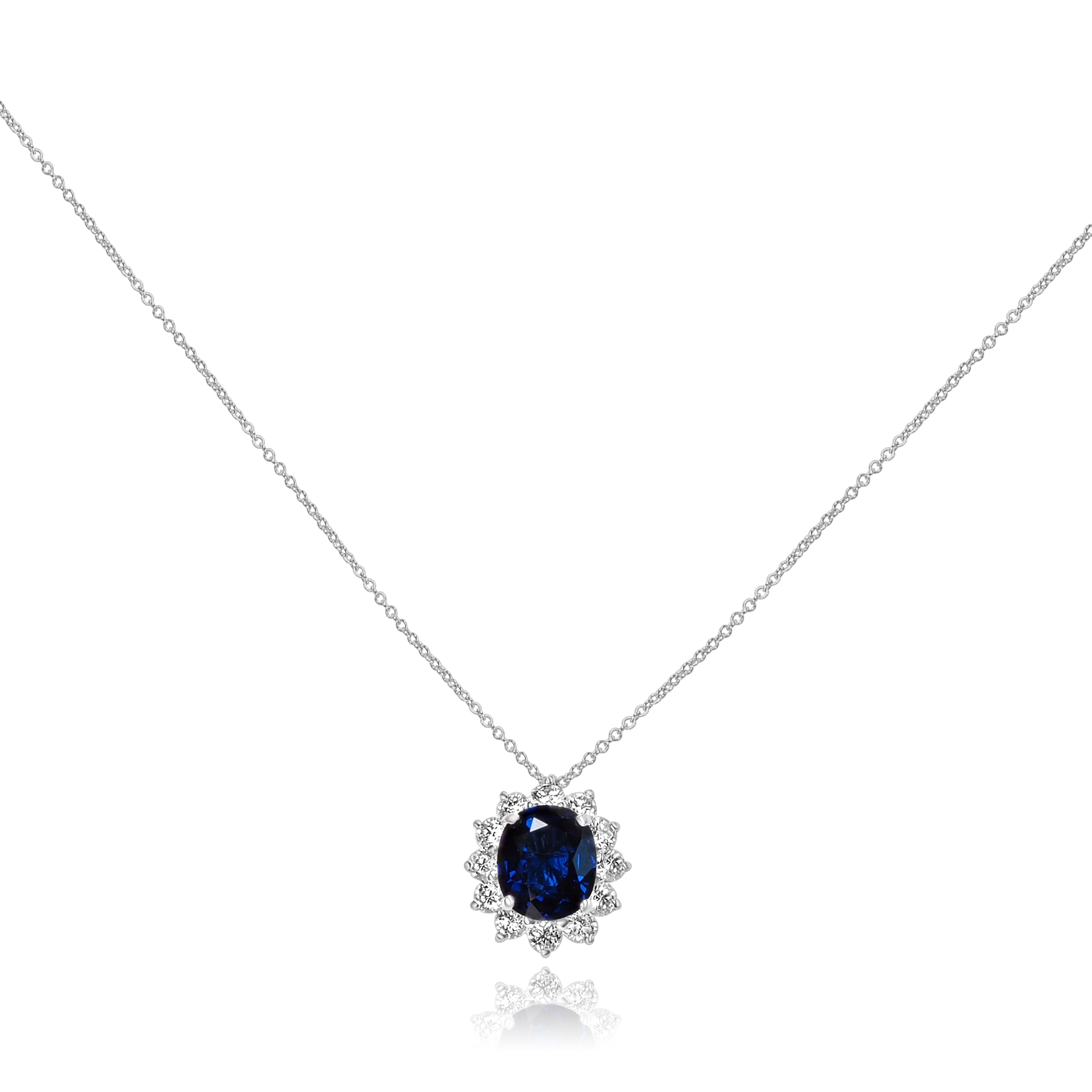 18KW OVAL SAPPHIRE & DIAMOND HALO NECKLACE SAP=3.19CT 12D=.75CT