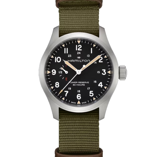 HAMILTON KHAKI FIELD POWER RSRV MECH 40MM BLACK DIAL STRAP WATCH
