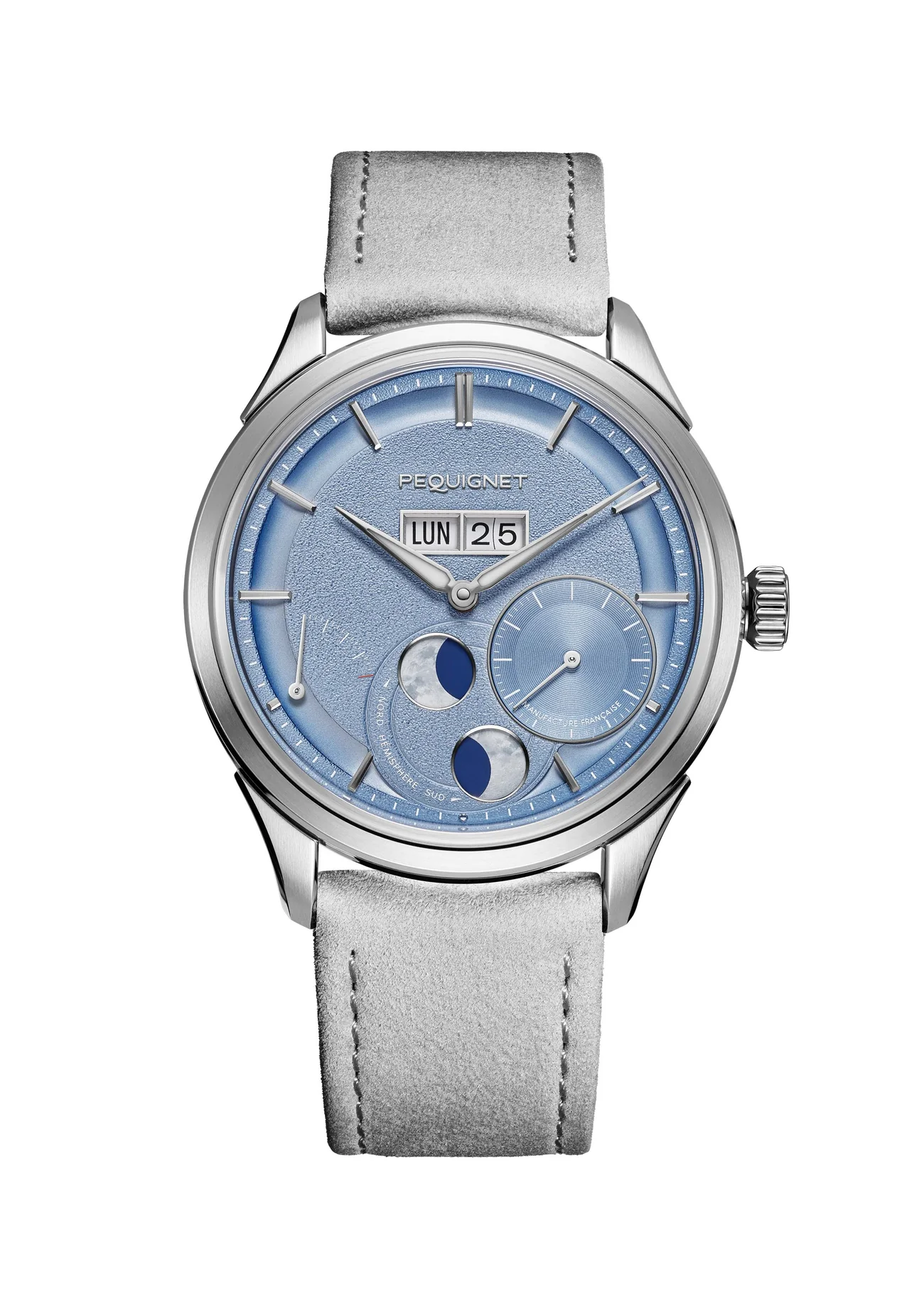 Pequignet Royale Paris Icy Blue Moon Phase Dial Stainless Steel Case Grey Leather Strap  39.5 mm Automatic Watch - 9100613