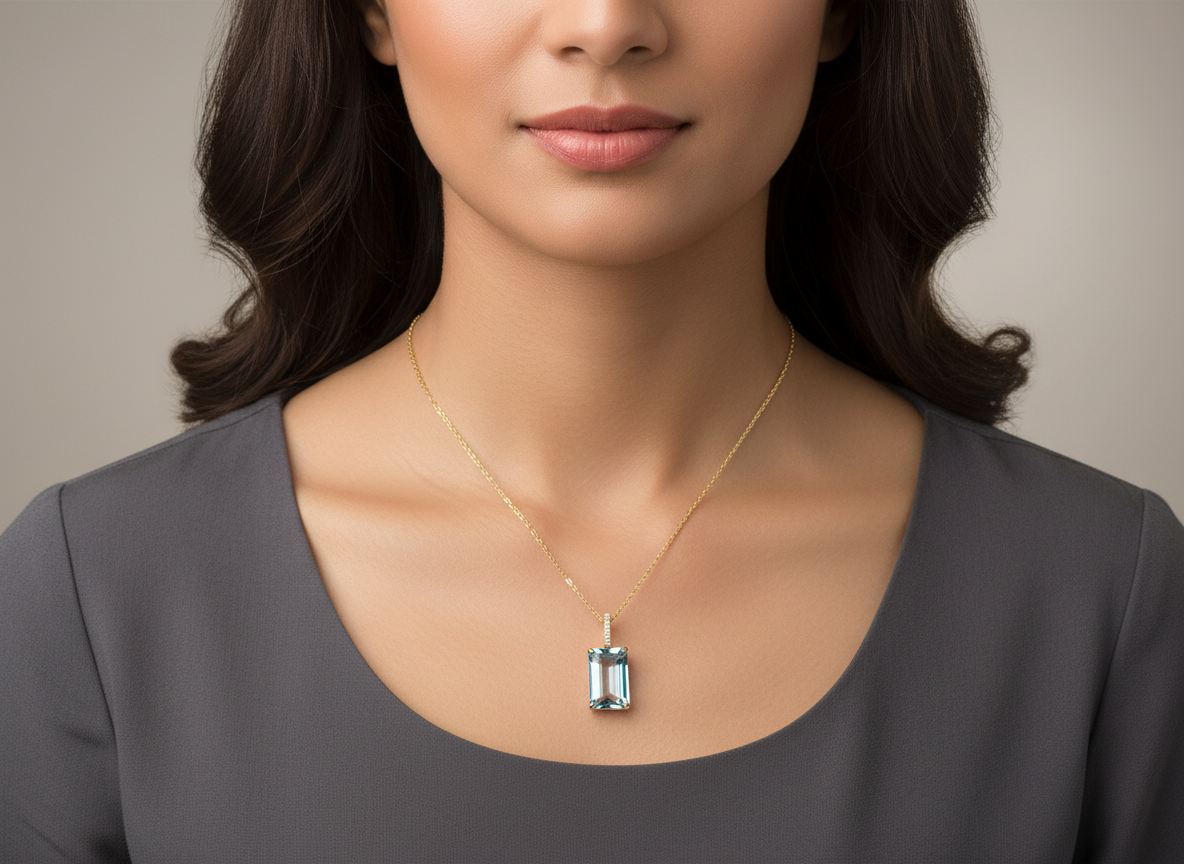 14KY GOLD 9.65CT EMERALD CUT AQUAMARINE PENDANT 6D=.06CT 16"