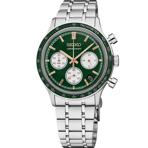 SEIKO ESSENTIALS SS QUARTZ CHRONOGRAPH GREEN DIAL BRACELET WATCH