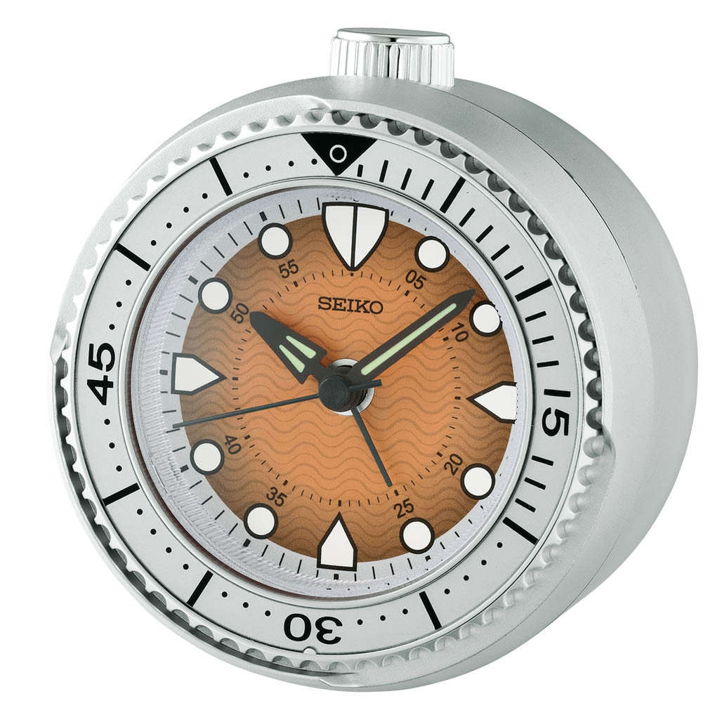 Seiko Heritage Design Rotating Bezel Silver-Tone Wave Orange Bedside Alarm Clock - QHE207TLH