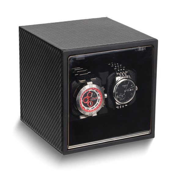 Quality Gold Rotations Black Carbon Fiber Wood Composite Dual AC/Battery-Powered Watch Winder with Acrylic Window - GM18028