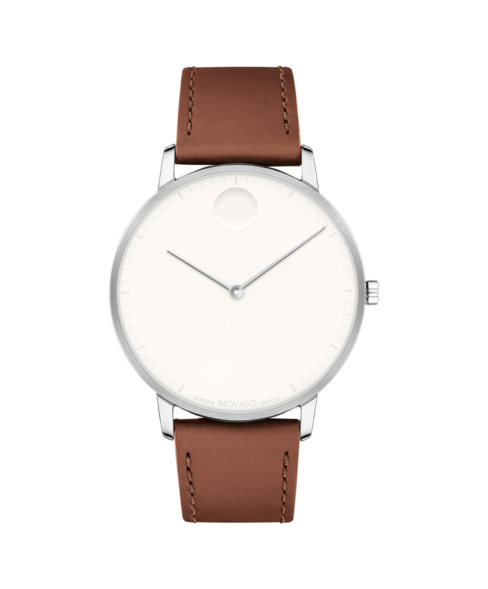 Movado Face White Dial Stainless Steel Case Brown Leather Strap 41 mm Quartz Watch - 3640106