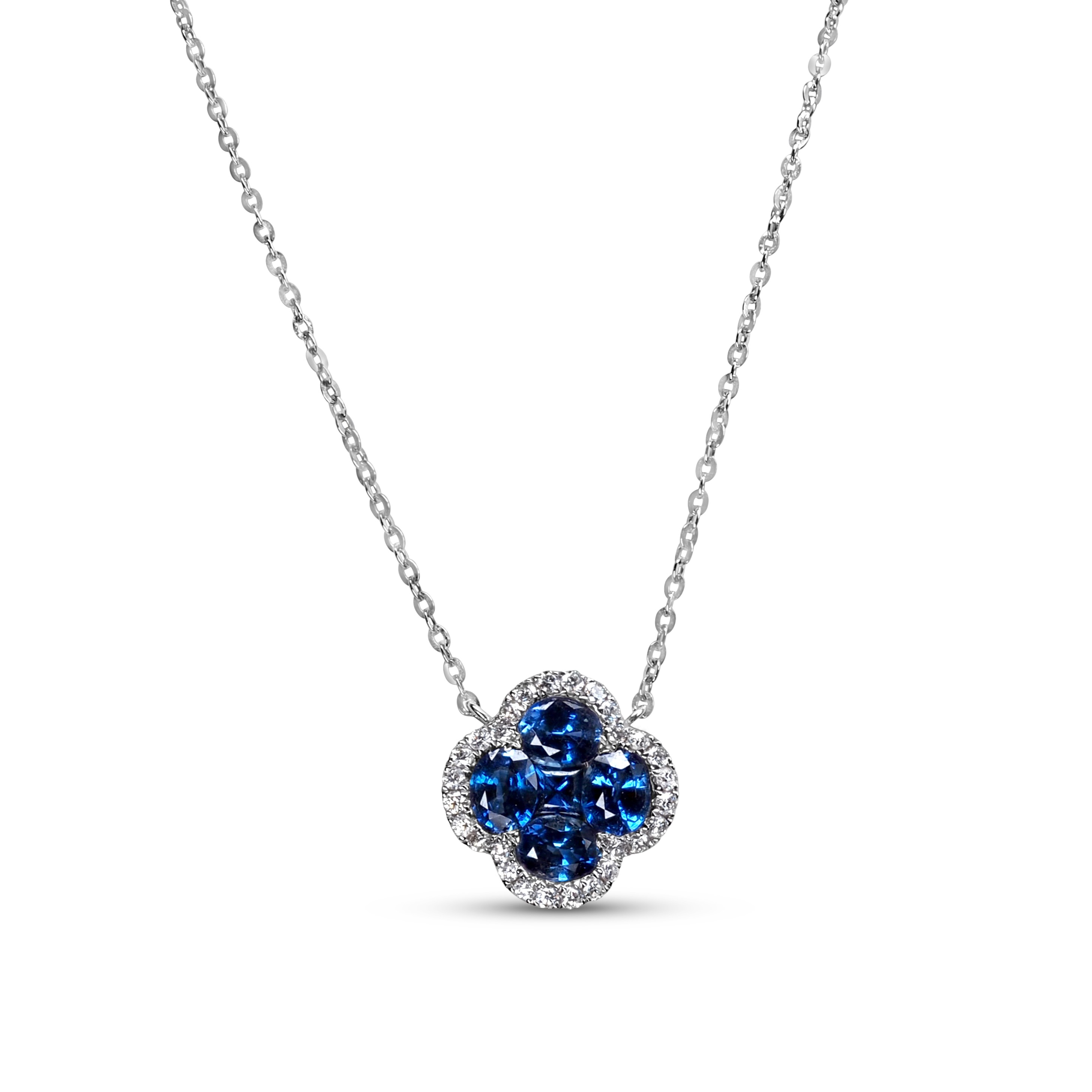 18KW GOLD SAPPHIRE & DIAMOND CLOVER PENDANT 5 SAP=1.78CT, 28D=.25CT