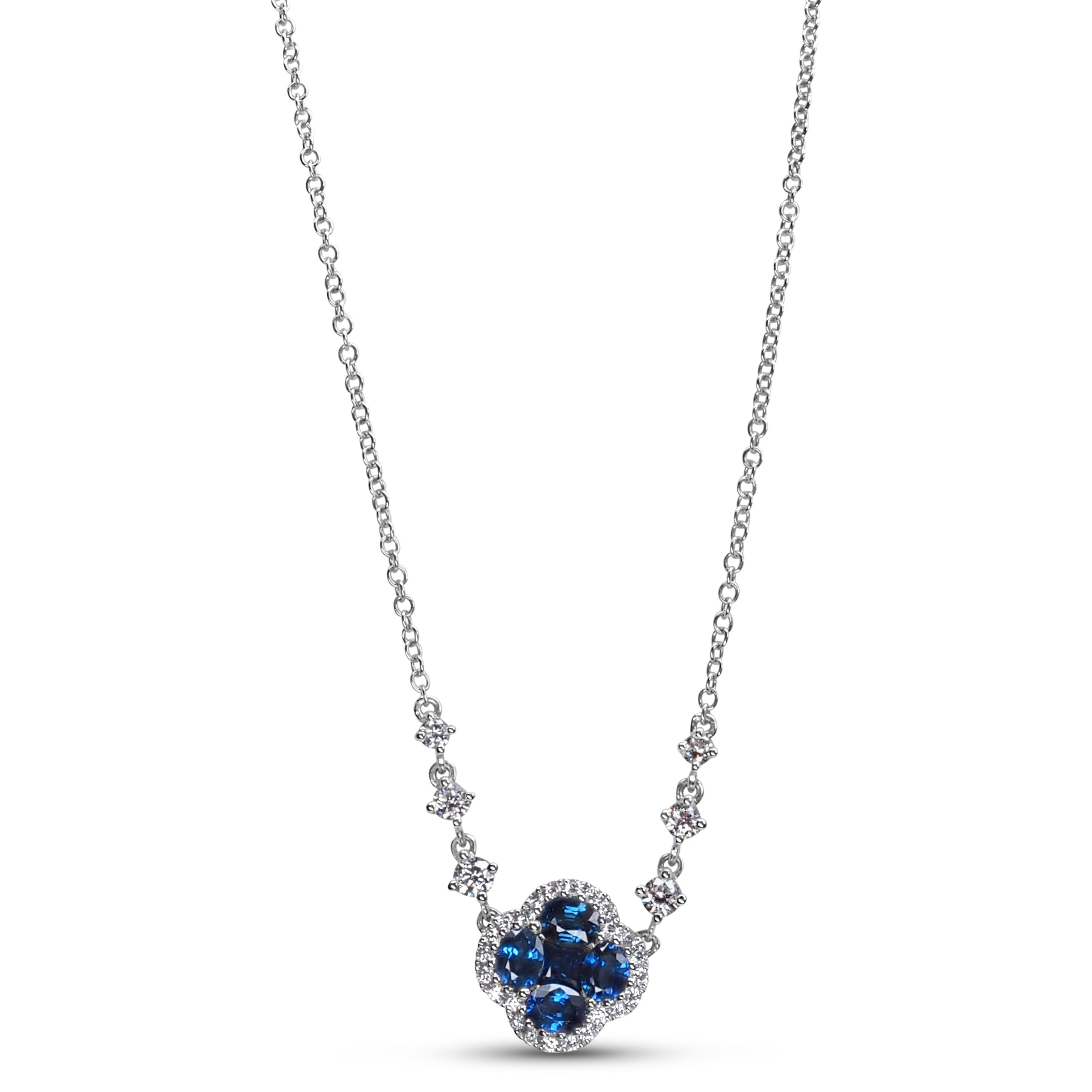 18KW GOLD SAPPHIRE & DIAMOND CLOVER PENDANT, 5 SAP=.94, 30D=.37CT