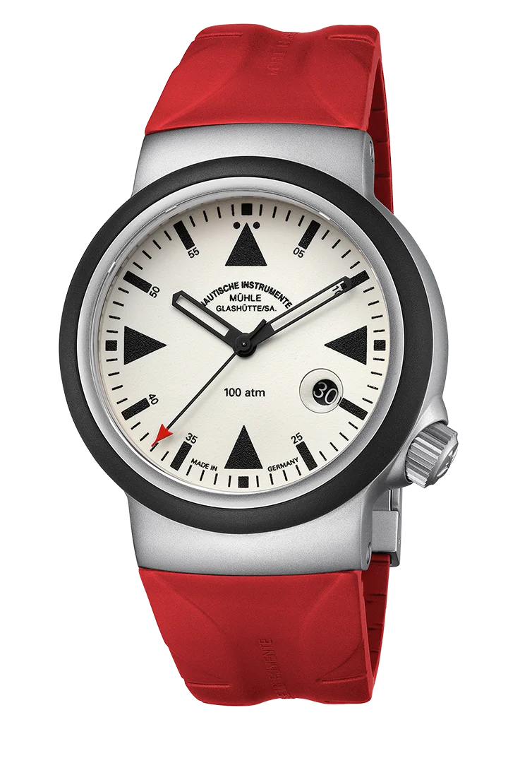Mühle Glashütte S.A.R. Rescue-Timer LUMEN Cream Dial Stainless Steel Case Black Rubber Bezel Red Rubber Strap 42 mm Automatic Watch - M1-41-08-KB-VIII
