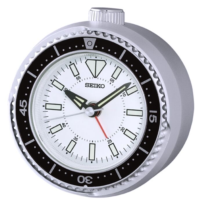 Seiko Heritage Design Rotating Bezel Silver-Tone Bedside Alarm Clock - QHE207S