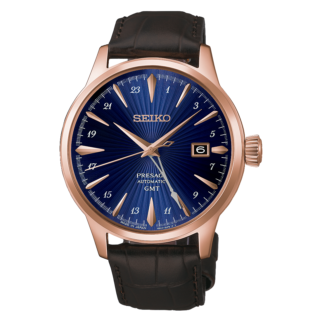 Seiko Presage Cocktail Time Blue Dial Rose Gold PVD-Coated Stainless Steel Case Brown Leather Strap 40.5 mm Automatic Watch - HCB005