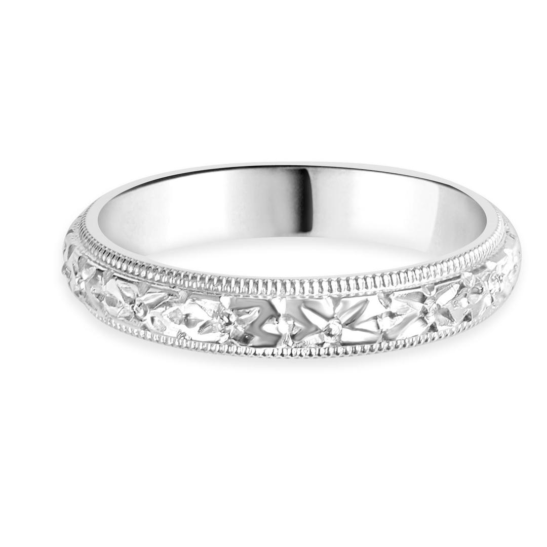 PLAT HAND ENGRAVED ORANGE BLOSSOM WEDDING BAND 3.5MM