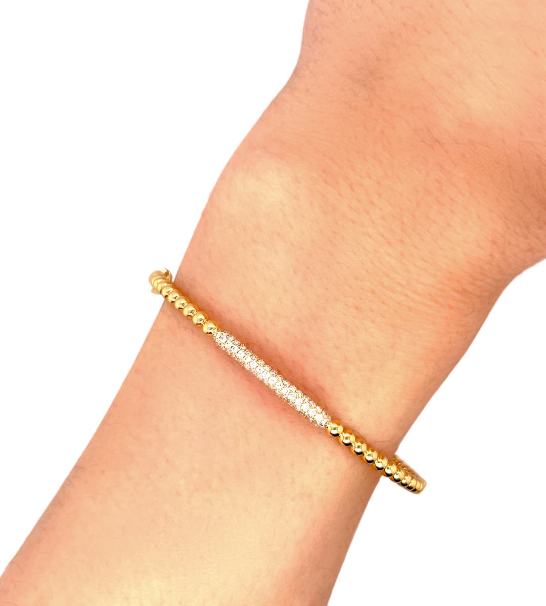 14KY PAVE DIAMOND STATION & GOLD BEAD DESIGN BANGLE BRACELET .51CT