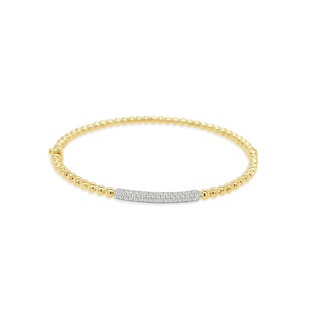 14KY PAVE DIAMOND STATION & GOLD BEAD DESIGN BANGLE BRACELET .51CT