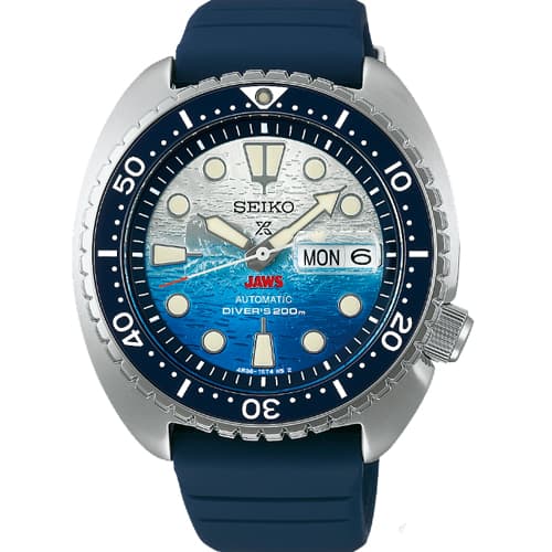 SEIKO PROSPEX DIVER SS AUTO BLUE DIAL JAWS 50TH ANNIV RBR BAND WATCH