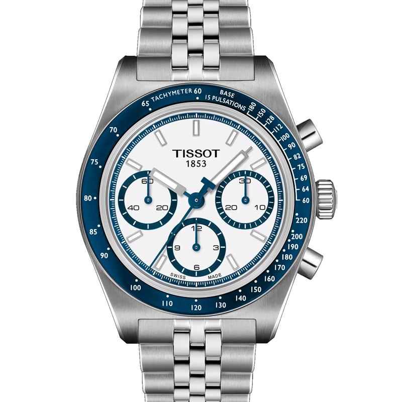 TISSOT PR516 VALJ SS WHITE DIAL BLUE BZL BRACELET WATCH